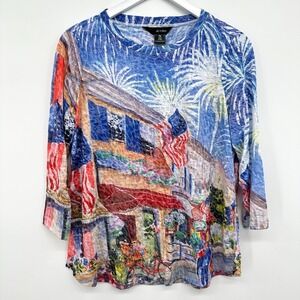 Ali Miles Top Shirt Medium Petite‎ Stretch 4th of July Scenic Crinkle Artsy USA